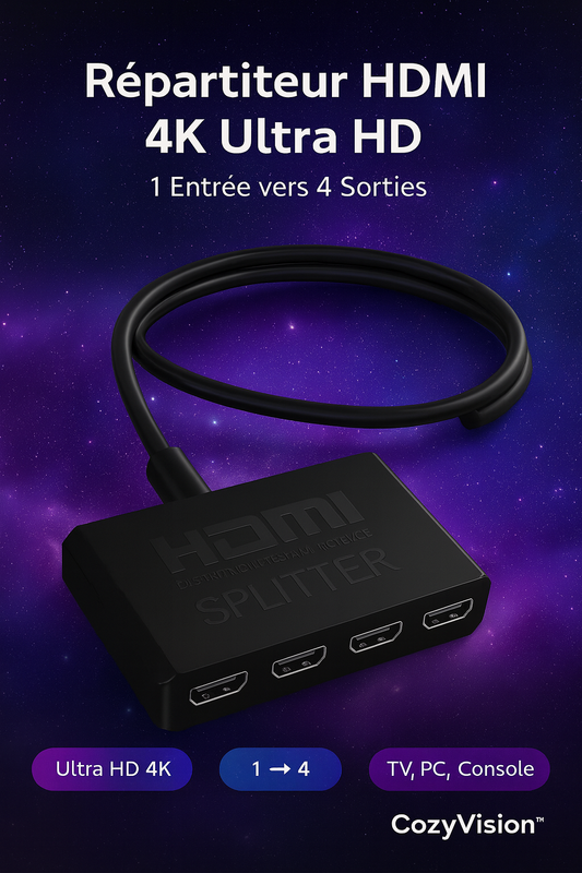 CozyVision™ Répartiteur HDMI 4K Ultra HD – 1 entrée vers 4 sorties