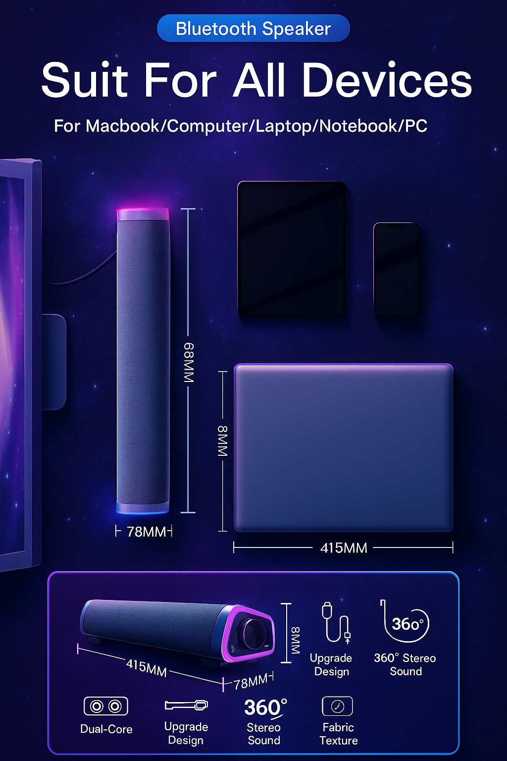 Barre de son Bluetooth 4D CozyVision™ – Stéréo avec basses, LED & connexion filaire/BT
